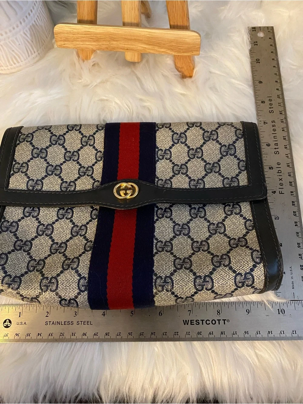 Gucci Parfume Beige/Navy/Red GG Canvas Fold-Over Clutch or Pouch with Web Stripe
